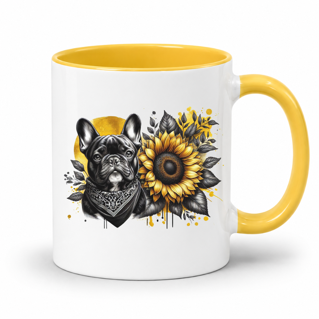 A white ceramic mug with a yellow interior and handle, featuring a graphic print of a black French bulldog wearing a bandana next to a yellow sunflower with black leaves. Grab your frenchie mug from Coffee and Moo NZ