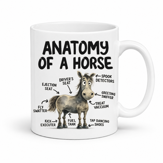 A white ceramic mug featuring a humorous graphic labeled 'ANATOMY OF A HORSE' with a cartoon horse and black text pointing out funny body parts. From Coffee and Moo NZ.