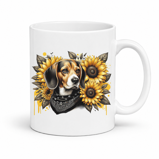 A white ceramic mug featuring a graphic print of a beagle dog wearing a black bandana, surrounded by yellow sunflowers with bronze leaves, set against a plain white background. Grab your mug from Coffee and Moo NZ.