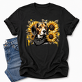 Sunflower Beagle Graphic Unisex Tee, showcasing the beagle dog with a bandana and sunflowers illustration, Grab your tee from Coffee and Moo.