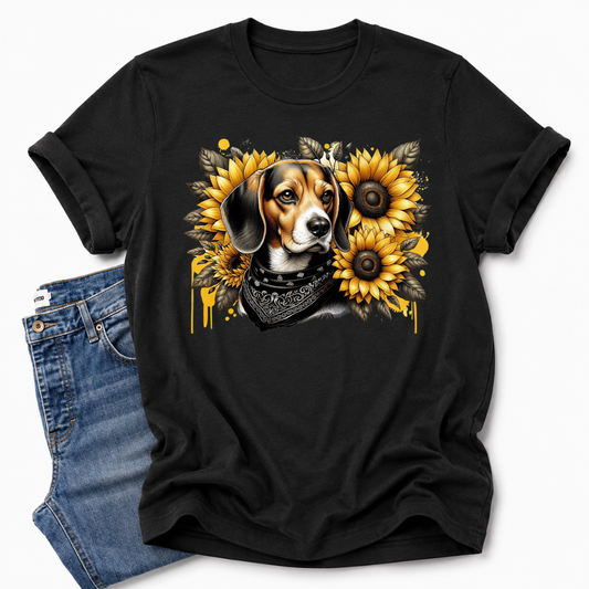 Sunflower Beagle Graphic Unisex Tee, showcasing the beagle dog with a bandana and sunflowers illustration, Grab your tee from Coffee and Moo.