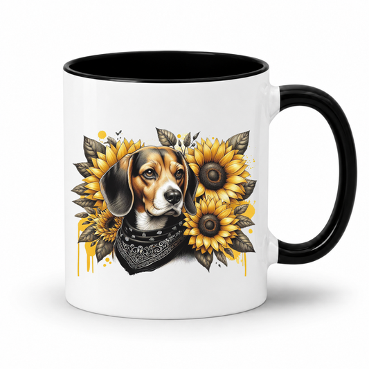 A white ceramic coffee mug with a black interior and black handle, featuring a graphic print of a beagle dog wearing a bandana and surrounded by yellow sunflowers. Grab your mug from Coffee and Moo NZ.