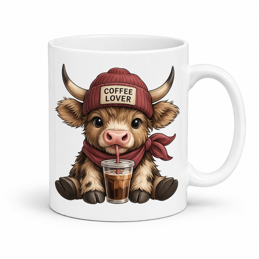 A white ceramic coffee mug featuring a cartoon illustration of a fluffy brown Highland cow wearing a red beanie with 'COFFEE LOVER' written on it, holding a drink with a straw. from Coffee and Moo.