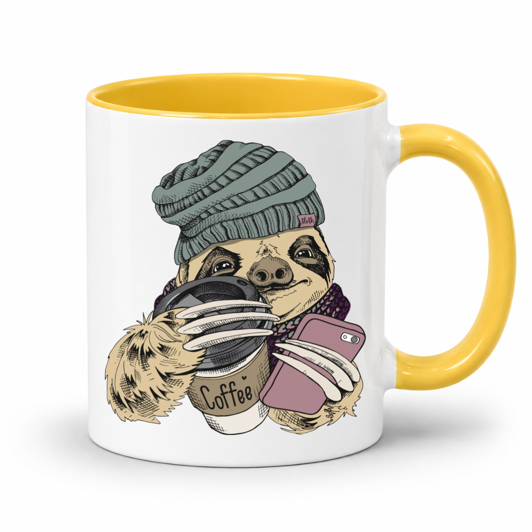 A white ceramic coffee mug with a bright yellow interior and handle, featuring a cartoon sloth wearing a knit beanie and scarf while holding a coffee cup and a pink phone. Grab your mug from Coffee and moo NZ.