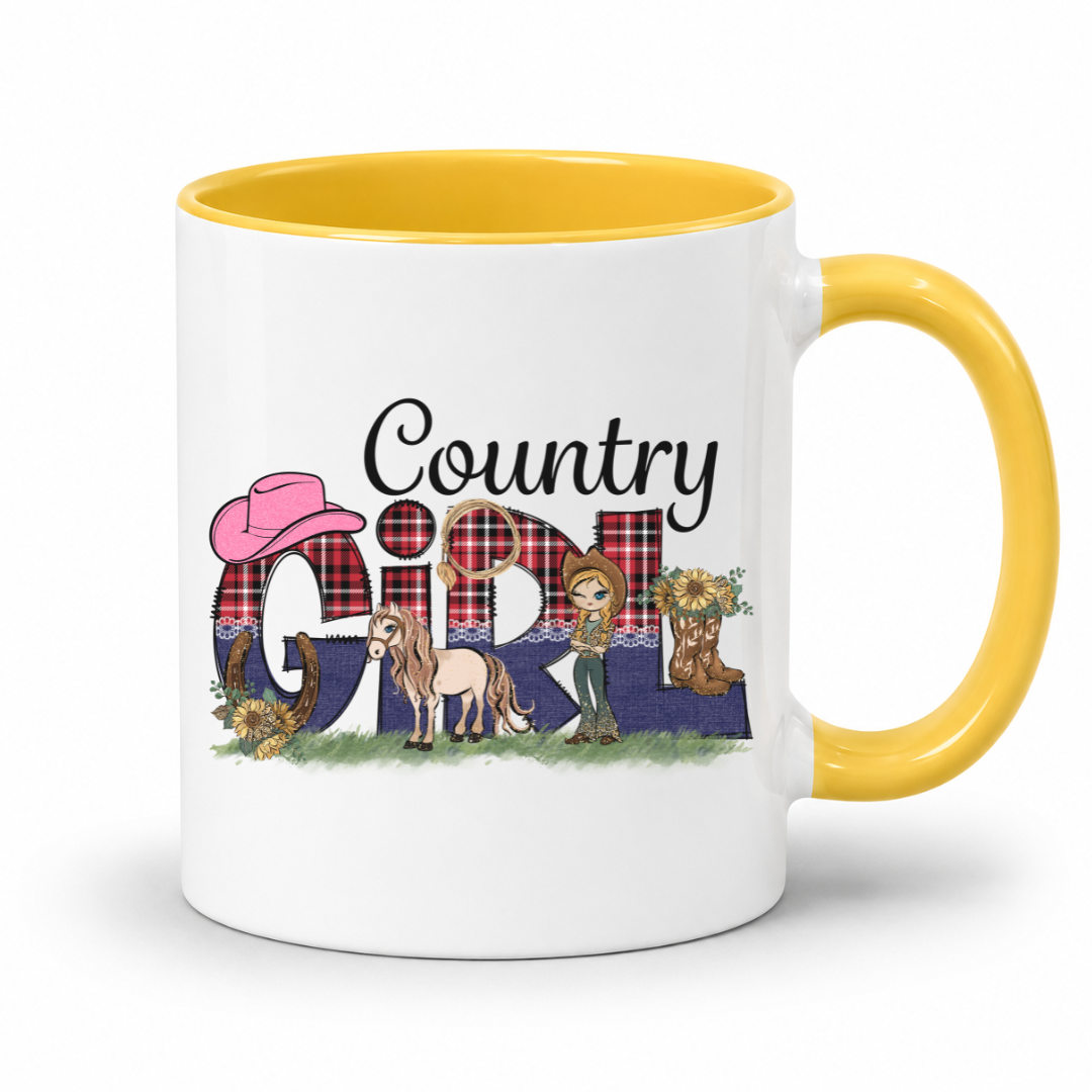 A white ceramic coffee mug with a yellow interior and handle, featuring a 'Country Girl' graphic with western-themed illustrations including a cowboy hat, boots, and a horse. From Coffee and Moo NZ.