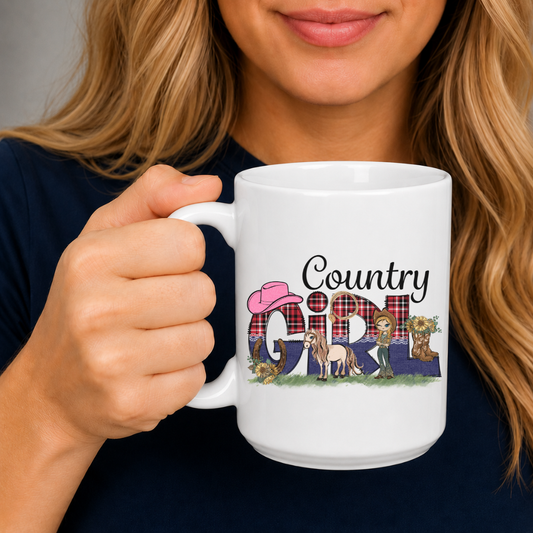 A woman holding a white ceramic mug with a colorful 'Country Girl' graphic featuring plaid, a pink cowboy hat, and country-themed illustrations. From Coffee and Moo NZ.