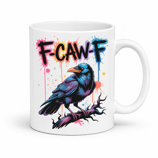 A white ceramic mug featuring a colorful graphic of a raven perched on a branch with the text 'F-CAW-F' in black, orange, and blue paint-splatter style.