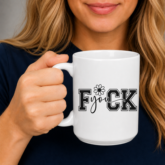 Female holding Fuck You Funny Coffee Mug, highlighting the bold typography and playful hidden message, from Coffee and Moo.