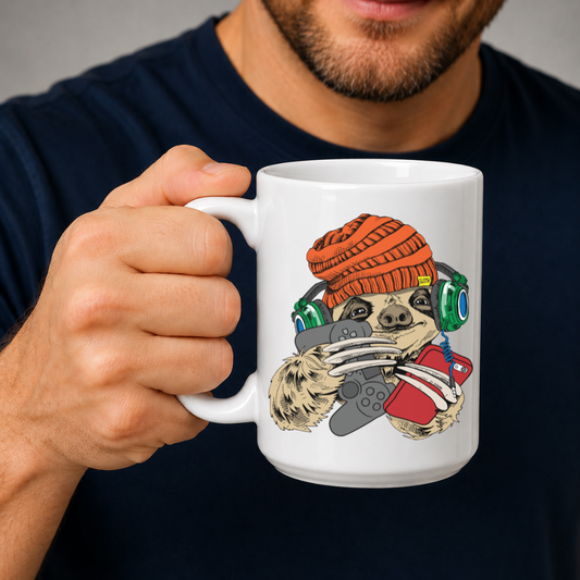 A person holding a white ceramic mug with a colorful graphic of a sloth wearing an orange knit beanie, green headphones, and holding a red gaming controller. Grab your gaming sloth mug from Coffee and Moo NZ.