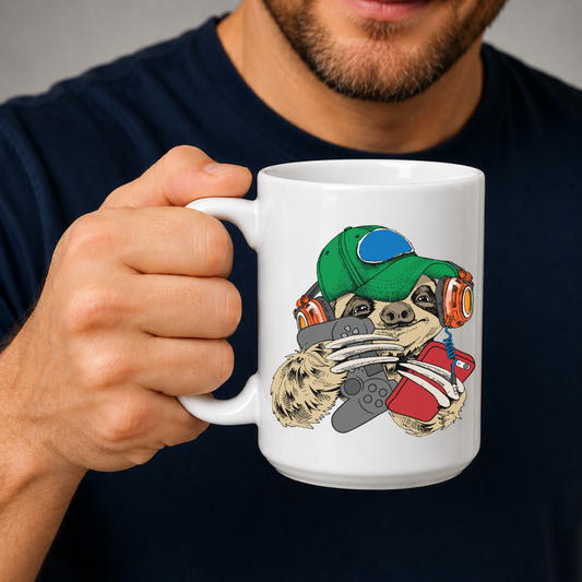 A man holding a white ceramic mug with a cartoon sloth wearing a green cap and headphones, holding a game controller. Purchase your mug from Coffee and Moo NZ.