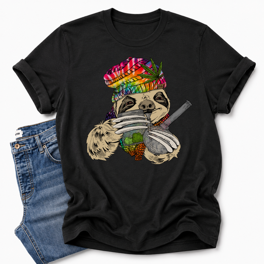unhinged adult graphic tee features our resident zen master—a delightfully baked sloth rocking a vibrant, colourful tie-dye beanie topped with a cannabis leaf, proudly clutching a bong and a jar of premium green buds. Grab your sloth stoner tee from Coffee and Moo NZ.