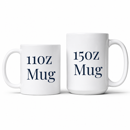 Two white ceramic mugs shown side by side on a light gray background, one labeled '110Z Mug' and the other '150Z Mug' in dark blue serif text.
