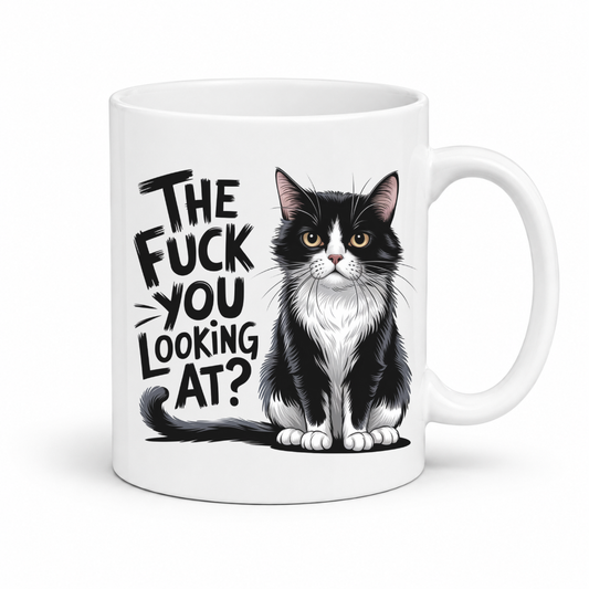 A white ceramic mug featuring a black and white cat illustration and the text 'THE FUCK YOU LOOKING AT?' in a bold black font, set against a plain white background. From Coffee and Moo