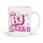 BJ Queen funny rude coffee mug featuring bold pink and purple BJ Queen lettering, a crown and scattered stars, from Coffee and Moo.