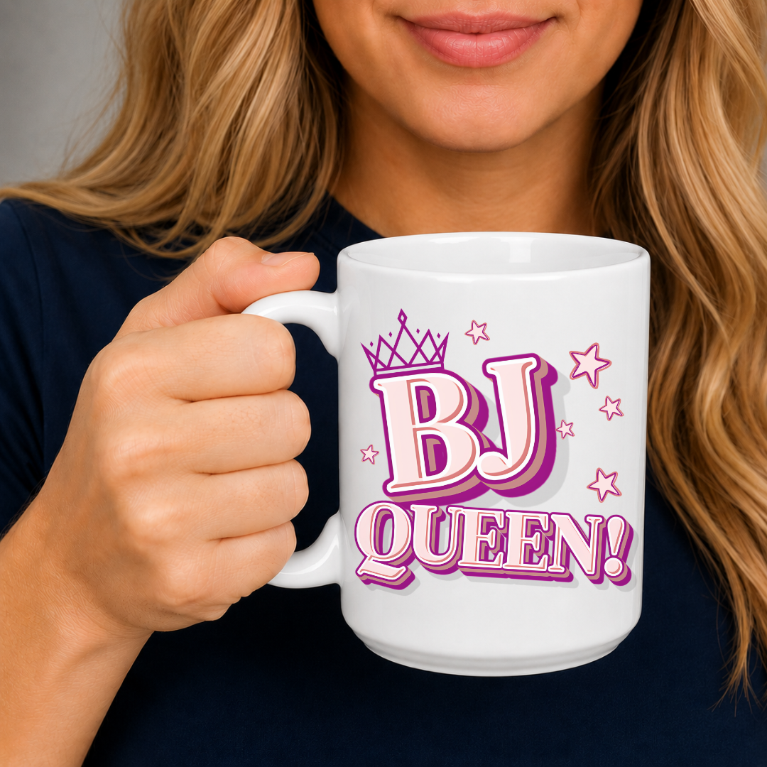 Female holding BJ Queen rude coffee mug, highlighting the bold BJ Queen design with pink and purple lettering, from Coffee and Moo.