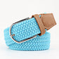 baby blue woven belt with a brown faux leather trim and silver buckle on a white background. Purchase from Coffee and Moo