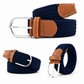 Three views of a woven elastic belt in navy blue with tan leather accents and a silver-tone buckle, shown on a plain white background. Purchase from Coffee and Moo NZ