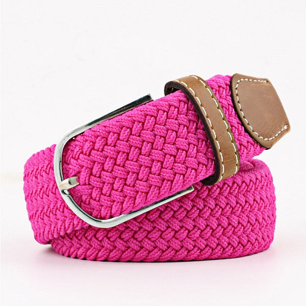 dark pink woven belt with a brown faux leather trim and silver buckle on a white background. Purchase from Coffee and Moo
