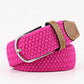 dark pink woven belt with a brown faux leather trim and silver buckle on a white background. Purchase from Coffee and Moo
