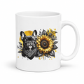 A white ceramic coffee mug featuring a graphic print of a black French Bulldog wearing a bandana next to a large yellow sunflower with black leaves, set against a yellow circular background splatter. Grab your frenchie mug from Coffee and Moo NZ