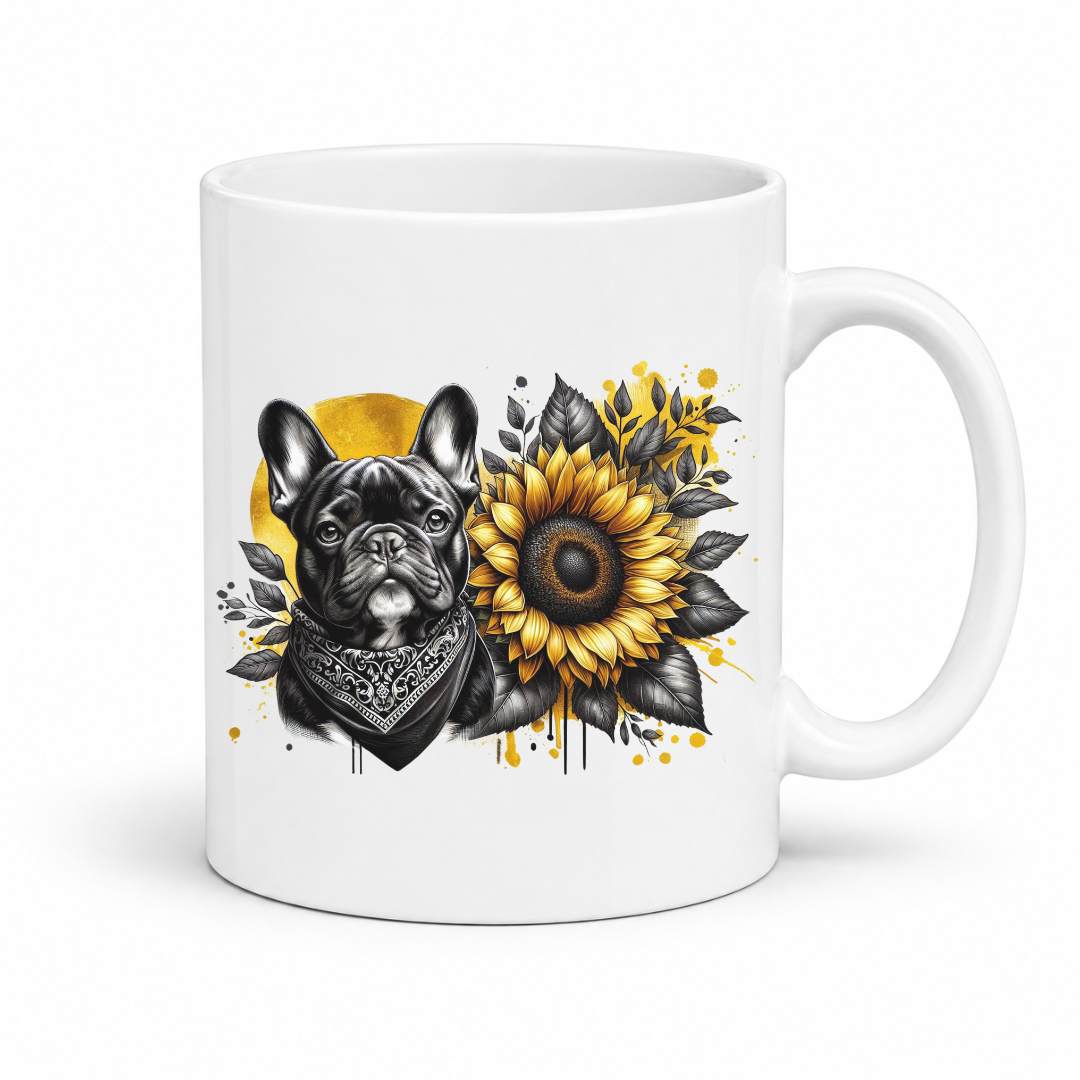 A white ceramic coffee mug featuring a graphic print of a black French Bulldog wearing a bandana next to a large yellow sunflower with black leaves, set against a yellow circular background splatter. Grab your frenchie mug from Coffee and Moo NZ
