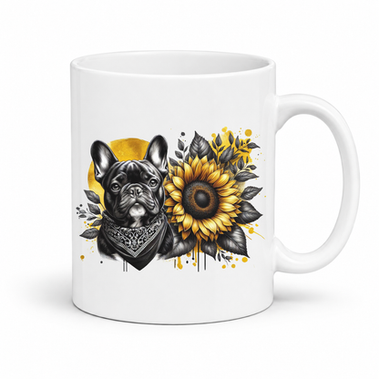 A white ceramic coffee mug featuring a graphic print of a black French Bulldog wearing a bandana next to a large yellow sunflower with black leaves, set against a yellow circular background splatter. Grab your frenchie mug from Coffee and Moo NZ