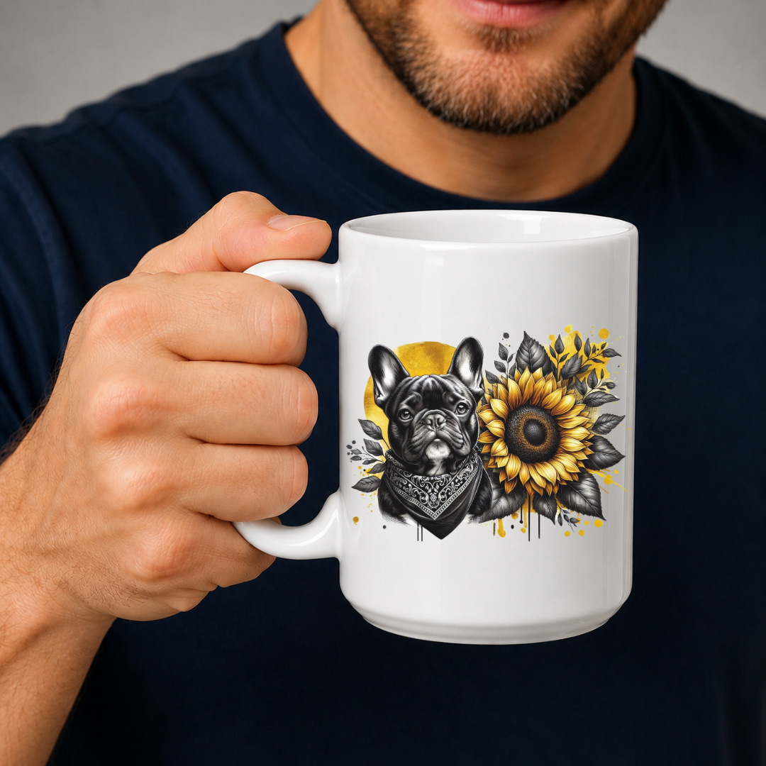 A person holding a white ceramic mug with a graphic print of a black French bulldog wearing a bandana next to a yellow sunflower, set against a dark navy blue shirt. Grab your frenchie mug from Coffee and Moo NZ