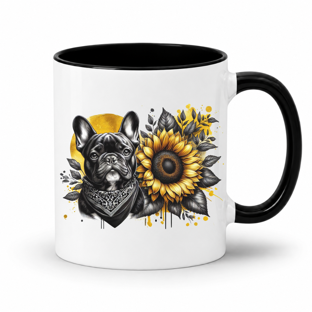 A white ceramic mug with a black handle and black interior, featuring a graphic print of a black French Bulldog wearing a bandana next to a large yellow sunflower with black and yellow paint splatters. Grab your frenchie mug from Coffee and Moo NZ
