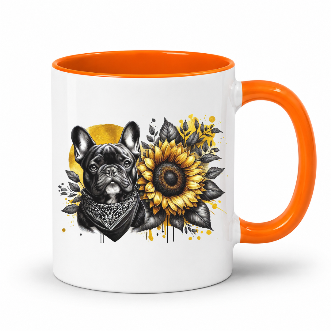 A white ceramic coffee mug with a bright orange handle and interior, featuring a graphic print of a black French Bulldog wearing a bandana next to a yellow sunflower with black leaves. Grab your frenchie mug from Coffee and Moo NZ