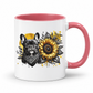 A white ceramic mug with a pink interior and handle, featuring a graphic print of a black French Bulldog wearing a bandana next to a yellow sunflower with black leaves on a white background. Grab your frenchie mug from Coffee and Moo NZ