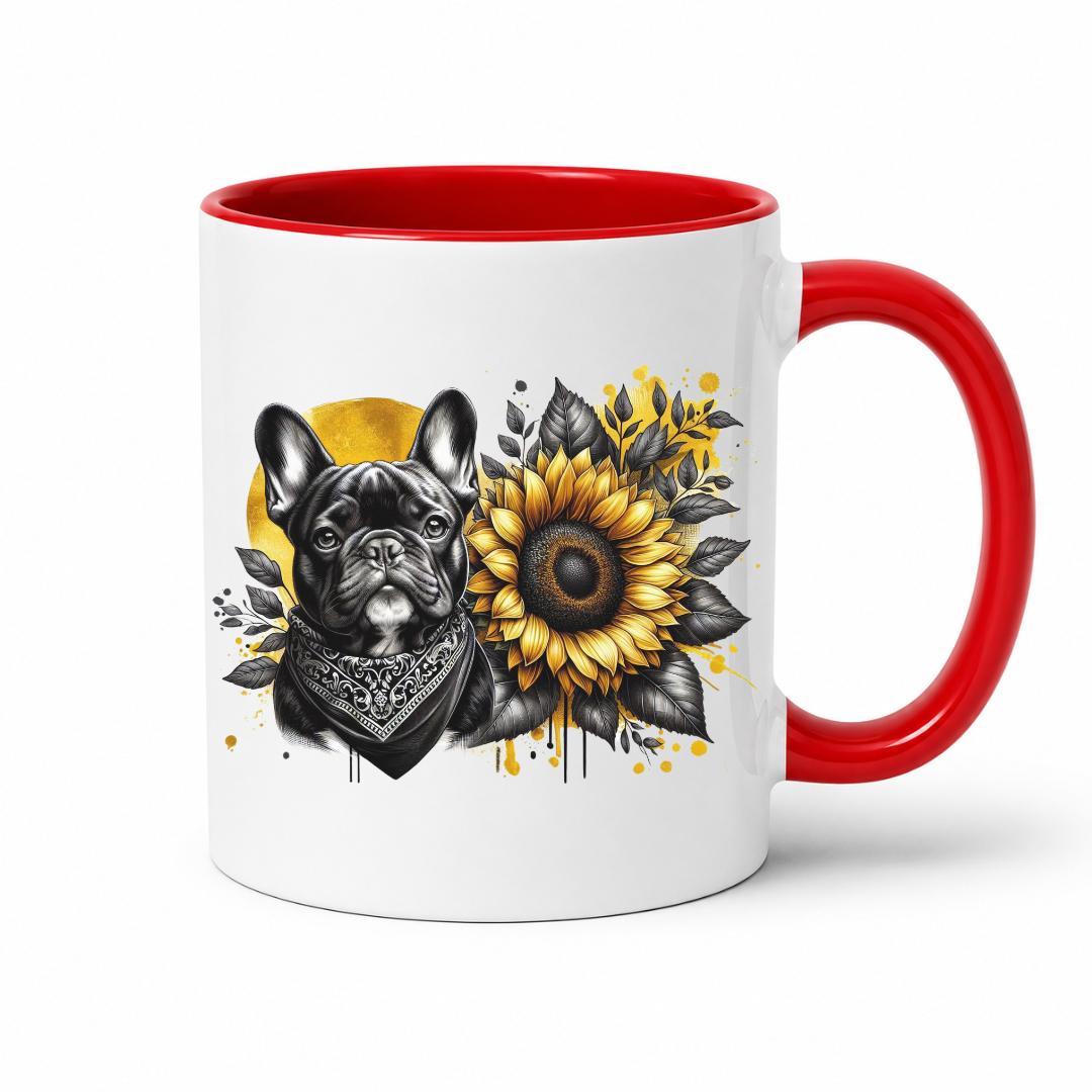 A white ceramic coffee mug with a red interior and red handle, featuring a graphic print of a black French Bulldog wearing a bandana next to a yellow sunflower. Grab your frenchie mug from Coffee and Moo NZ