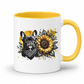 A white ceramic mug with a yellow interior and handle, featuring a graphic print of a black French bulldog wearing a bandana next to a yellow sunflower with black leaves. Grab your frenchie mug from Coffee and Moo NZ
