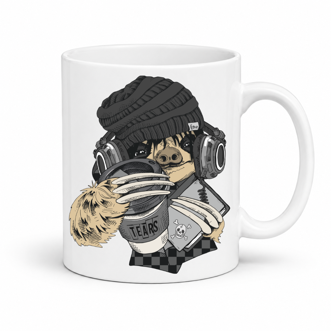 A white ceramic mug featuring a cartoon illustration of a sloth wearing a black knit beanie, over-ear headphones, and holding a cup with the word 'TEARS' on it and a diary, shown against a plain white background. Grab yours from Coffee and Moo NZ.
