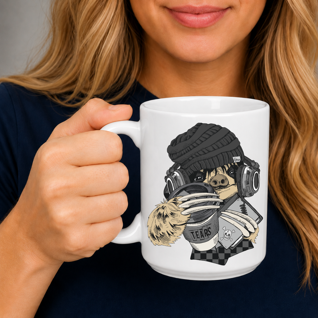 A  lady holding a white ceramic mug featuring a cartoon illustration of a sloth wearing a black knit beanie, over-ear headphones, and holding a cup with the word 'TEARS' on it and a diary, shown against a grey background. Grab yours from Coffee and Moo NZ.
