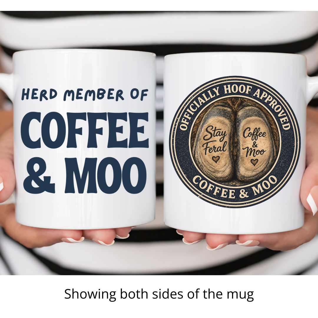 Two white ceramic mugs held by hands against a black-and-white striped shirt background, showing both sides of the mug. The left mug reads 'HERD MEMBER OF COFFEE & MOO' in dark blue text, and the right mug has a circular seal design with cow hooves and the words 'Stay Feral and Coffee & Moo' and 'OFFICIALLY HOOF APPROVED COFFEE & MOO'. Grab your mug from Coffee and Moo NZ.