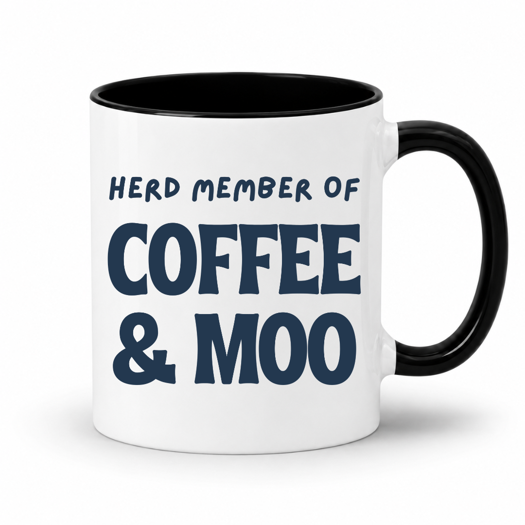 A white ceramic coffee mug with a black handle and black interior, featuring the printed text 'HERD MEMBER OF COFFEE & MOO' in dark blue lettering on the front. Grab your mug from Coffee and Moo NZ.