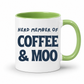 A white ceramic coffee mug with a light green interior and handle, featuring the printed text 'HERD MEMBER OF COFFEE & MOO' in dark navy blue lettering, shown on a clean white background. Grab your mug from Coffee and Moo NZ.