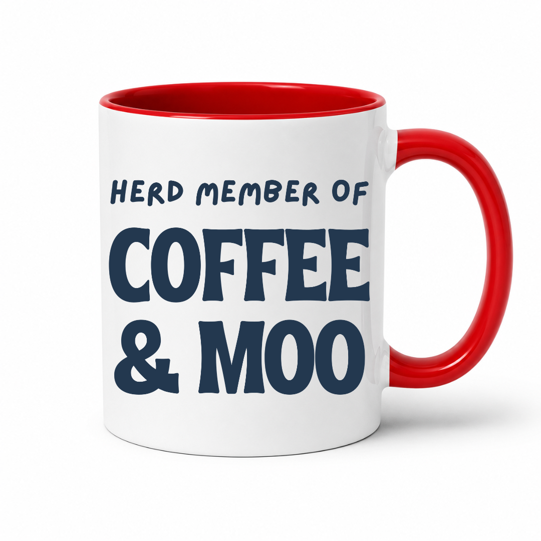 A white ceramic coffee mug with a red handle and red interior, featuring the printed text 'HERD MEMBER OF COFFEE & MOO' in dark blue lettering, shown on a clean white background. Grab your mug from Coffee and Moo NZ.