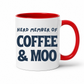 A white ceramic coffee mug with a red handle and red interior, featuring the printed text 'HERD MEMBER OF COFFEE & MOO' in dark blue lettering, shown on a clean white background. Grab your mug from Coffee and Moo NZ.