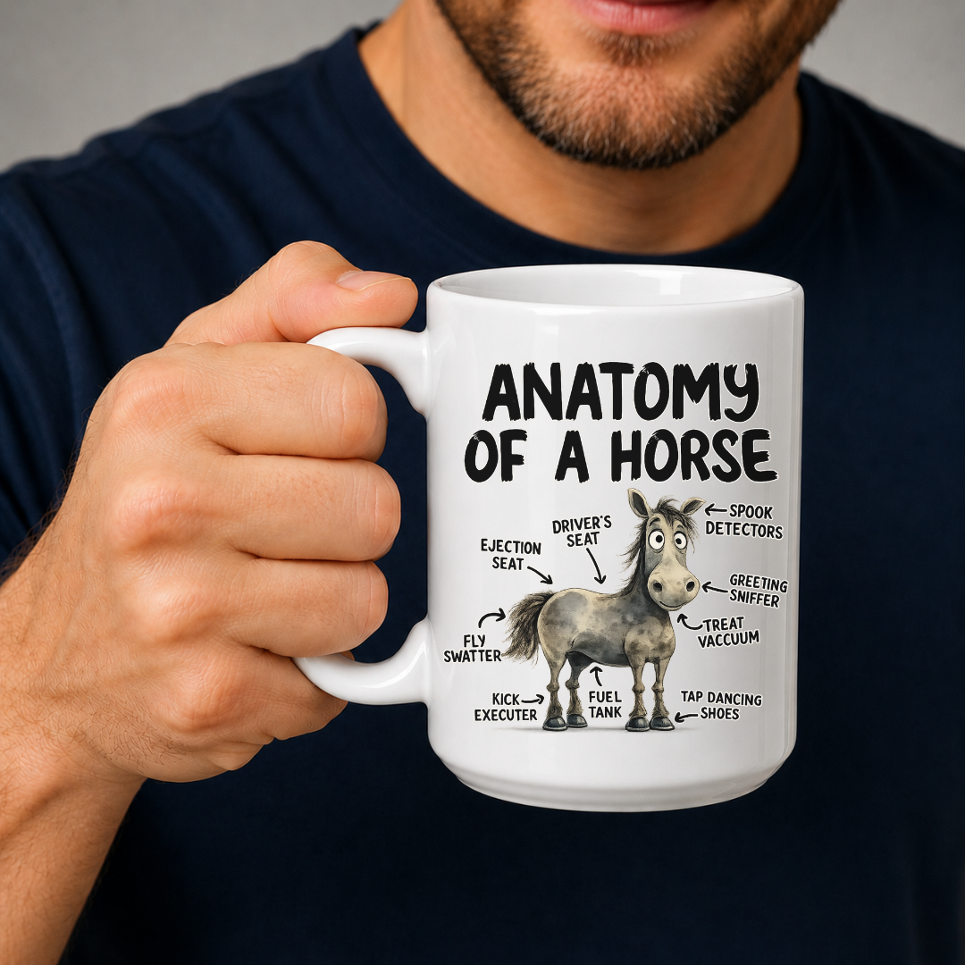 A white ceramic mug with a humorous 'Anatomy of a Horse' illustration and text, held by a man wearing a navy blue t-shirt against a neutral gray background. From Coffee and Moo NZ.