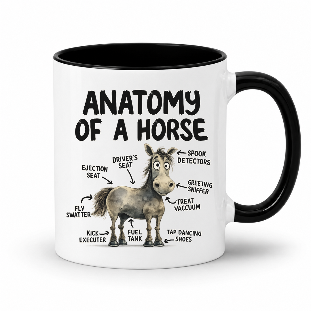 A white ceramic coffee mug with a black handle and black interior, featuring a humorous 'Anatomy of a Horse' diagram printed on the side. From Coffee and Moo NZ.