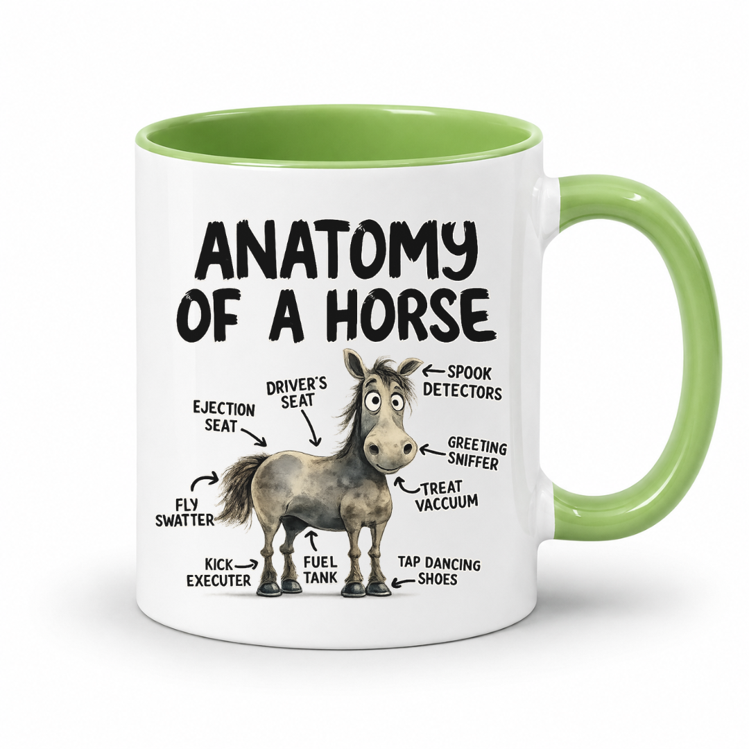 A white ceramic mug with a light green interior and handle, featuring a humorous 'Anatomy of a Horse' graphic with black text labels pointing to parts of the horse. From Coffee and Moo NZ.