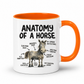 A white ceramic mug with a bright orange handle and interior, featuring a humorous 'Anatomy of a Horse' graphic printed on the side. From Coffee and Moo NZ.