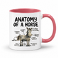 A white ceramic mug with a pink interior and handle, featuring a humorous 'Anatomy of a Horse' graphic with black text labels pointing to parts of a cartoon horse. From Coffee and Moo NZ.