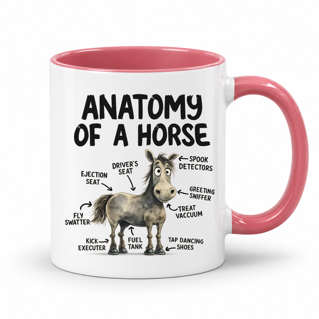 A white ceramic mug with a pink interior and handle, featuring a humorous 'Anatomy of a Horse' graphic with black text labels pointing to parts of a cartoon horse. From Coffee and Moo NZ.