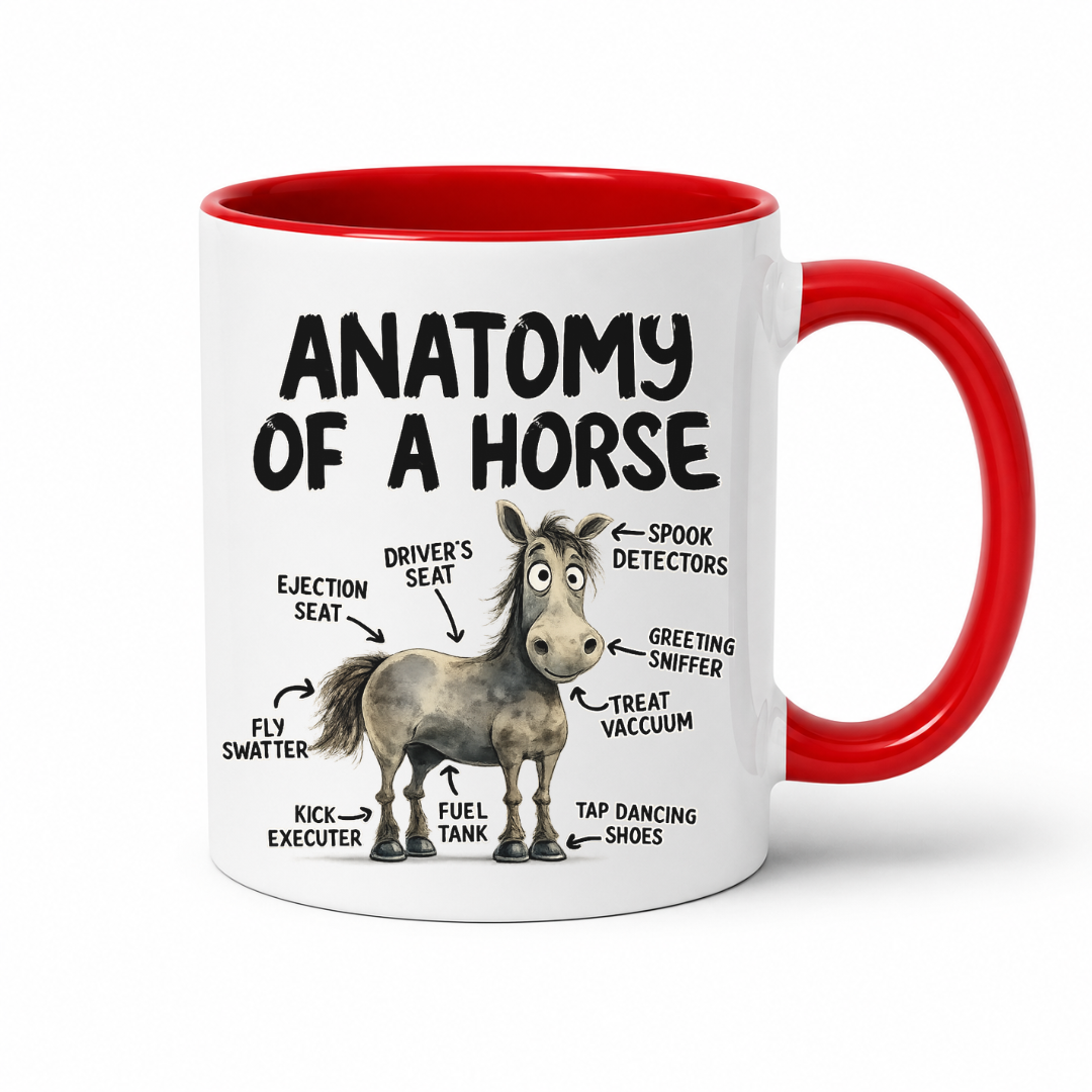 A white ceramic mug with a red handle and red interior, featuring a humorous 'Anatomy of a Horse' graphic with labeled parts on a white background. From Coffee and Moo NZ.