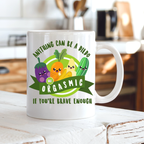 Anything Can Be a Dildo funny coffee mug on a country kitchen bench, featuring colourful cartoon vegetables and the cheeky adult humour saying, from Coffee & Moo.