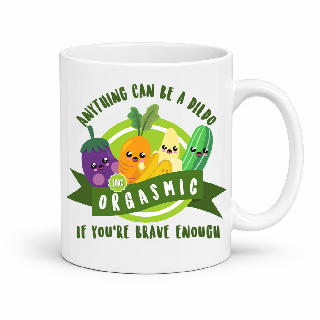 Anything Can Be a Dildo funny coffee mug with smiling cartoon vegetables and the words "Anything Can Be a Dildo If You're Brave Enough", from Coffee & Moo.