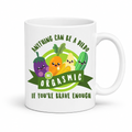 Anything Can Be a Dildo funny coffee mug with smiling cartoon vegetables and the words "Anything Can Be a Dildo If You're Brave Enough", from Coffee & Moo.