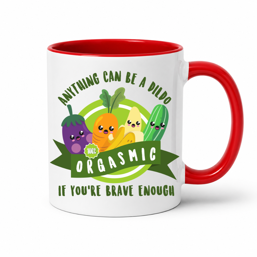 A white mug with a red inner and handle, featuring an image of smiling cartoon vegetables and the words "Anything Can Be a Dildo If You're Brave Enough", Grab yours from from Coffee & moo nz.